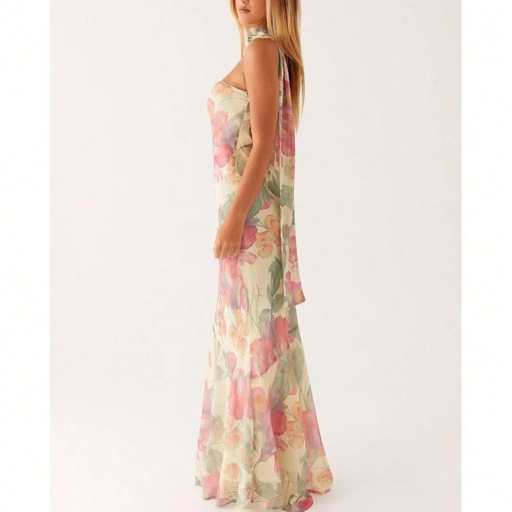 Pink Elegant Women's Floral Strapless Dress Y2k Backless Sleeveless Tube - Picture 4 of 7